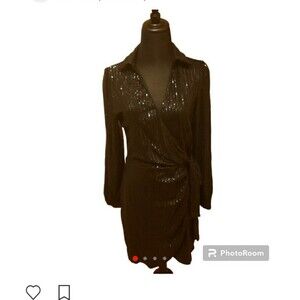 Double Lucky black sequin faux wrap dress Size L NWOT